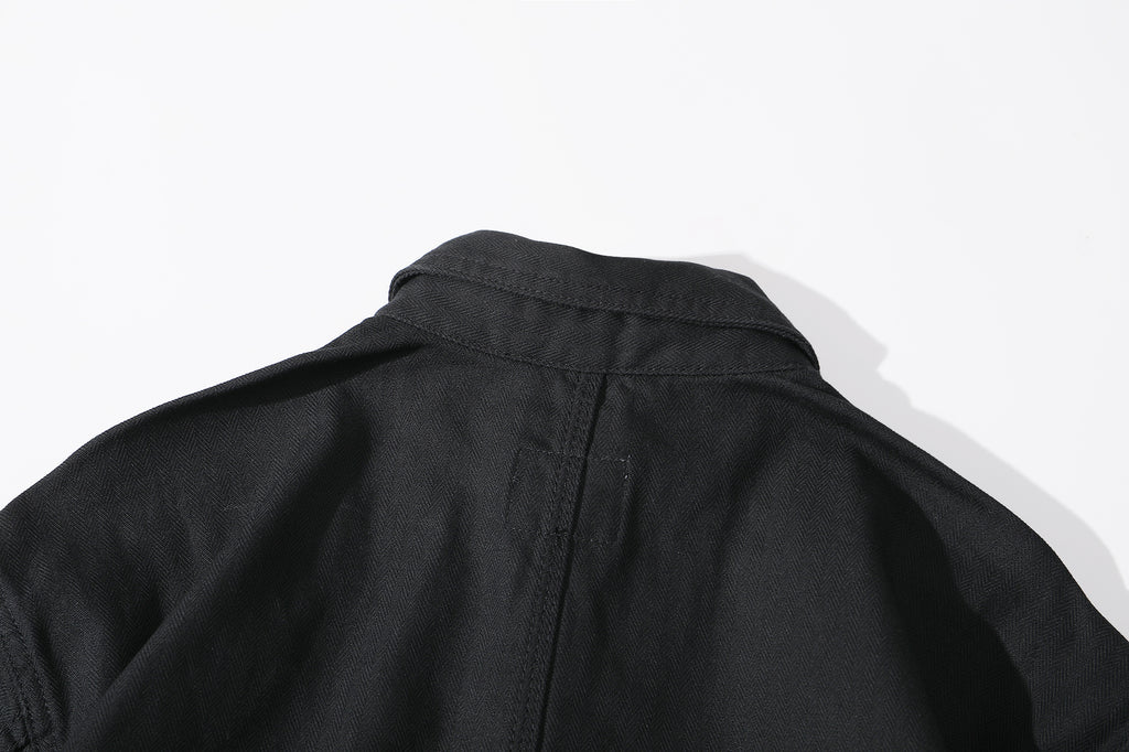 ih black french work jacket close up of the back collar and neckline construction
