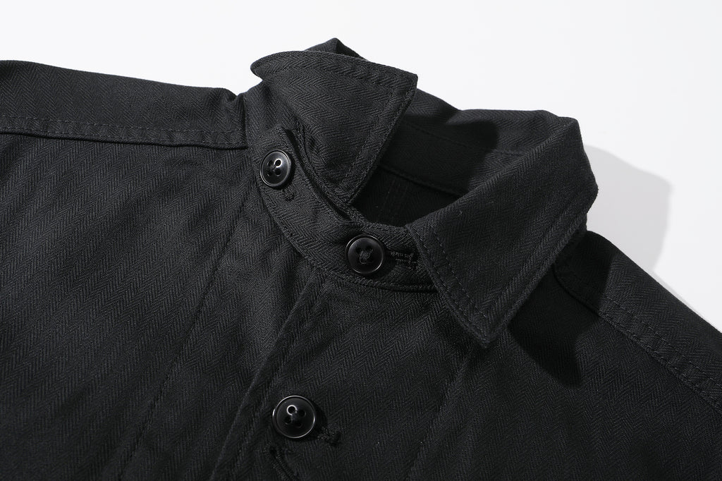 ih black french work jacket neck chin strap and corozo button closure detail