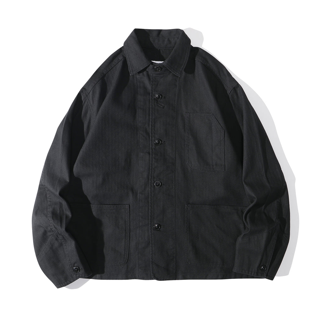 a Hong Kong made ih relaxed fit french work jacket in black japanese herringbone cotton front view