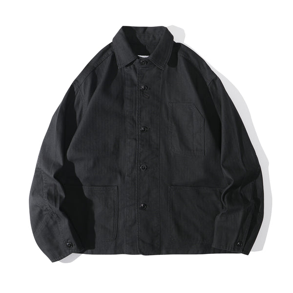 a Hong Kong made ih relaxed fit french work jacket in black japanese herringbone cotton front view