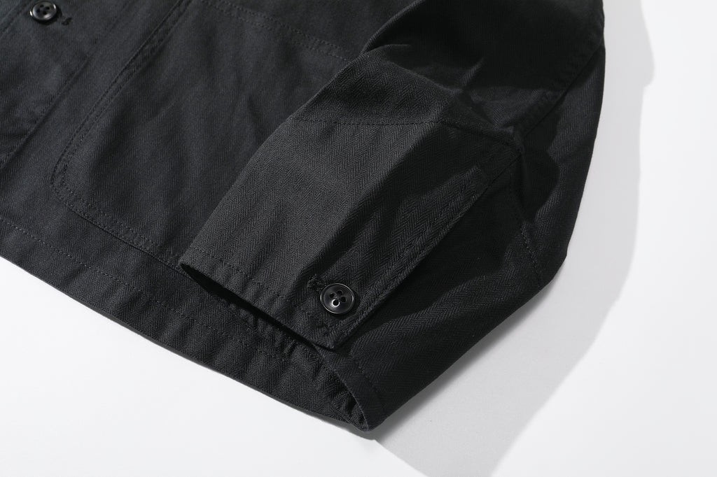 ih black french work jacket special shaped sleeve cuffs and corozo button 