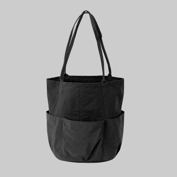 Front view of a Hong Kong made ih tool tote bag in black washed japanese nylon canvas front view