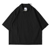 Front view of a Hong Kong made incense harbour black polo collar seersucker shirt front view