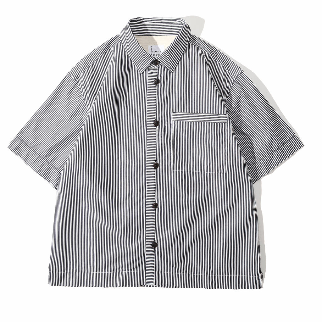 Front view of a Hong Kong made Japanese cotton black stripe summer shirt front view