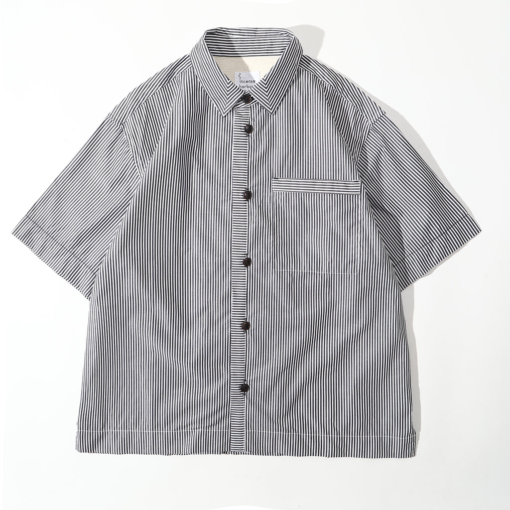 Front view of a Hong Kong made black stripe summer shirt front view