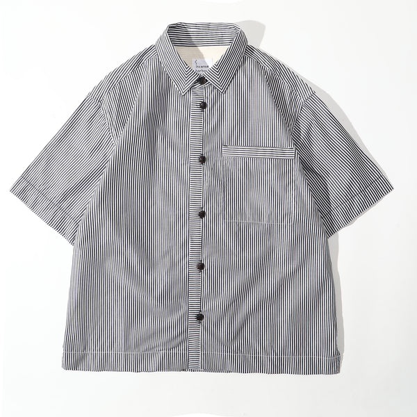 Front view of a Hong Kong made black stripe summer shirt front view