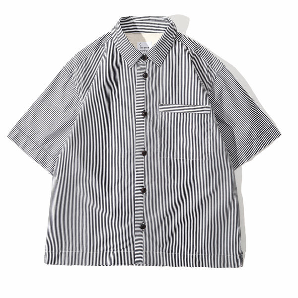 Front view of a Hong Kong made Japanese cotton black stripe summer shirt front view