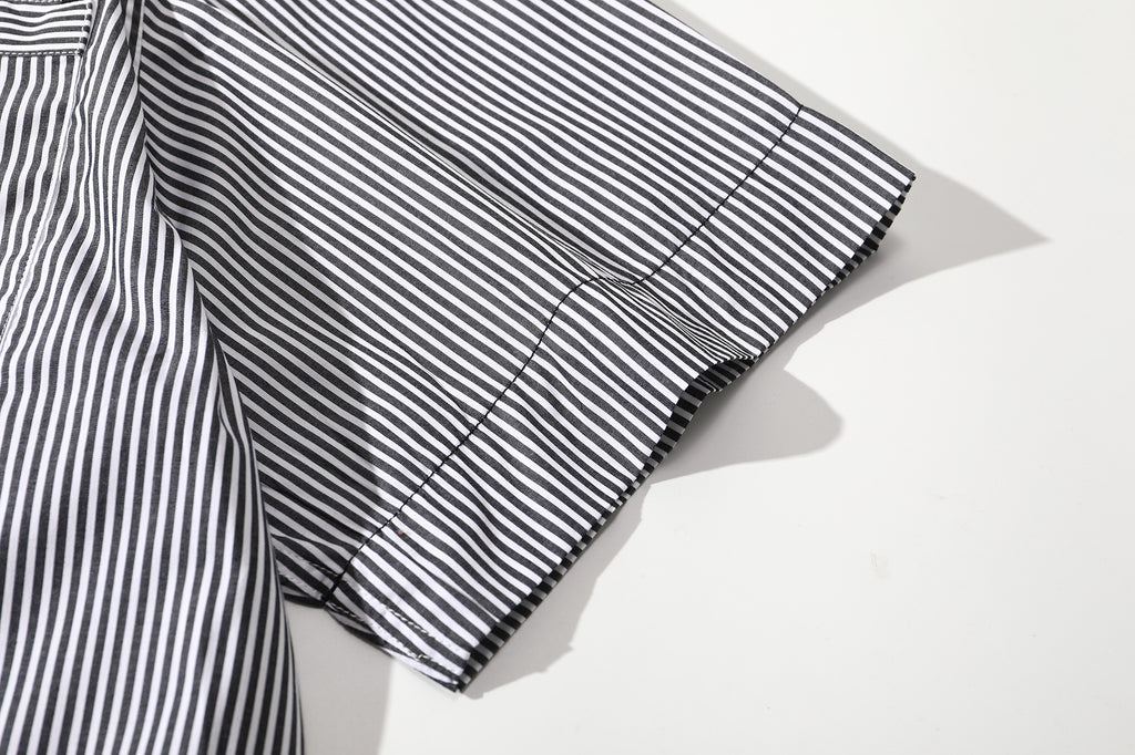 close up of sleeve hem and stitching detail on stripe summer shirt