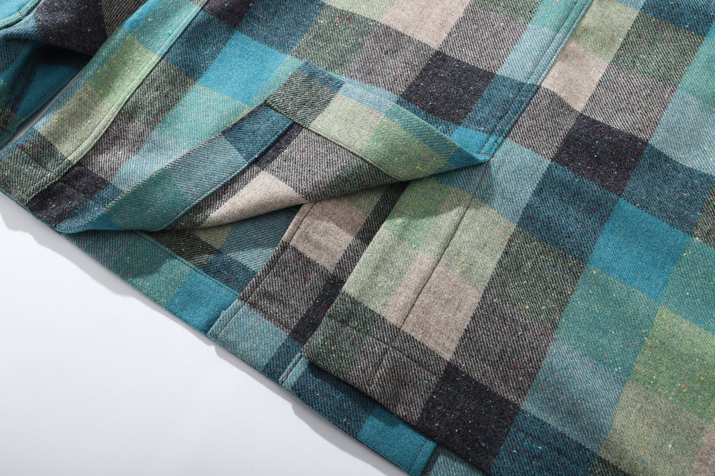 ih blue checked cotton wool jacket detailed view of the vent at the hem of center back