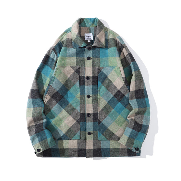 Front view of a Hong Kong made ih relaxed fit checked jacket with multi color nepps in blue checked