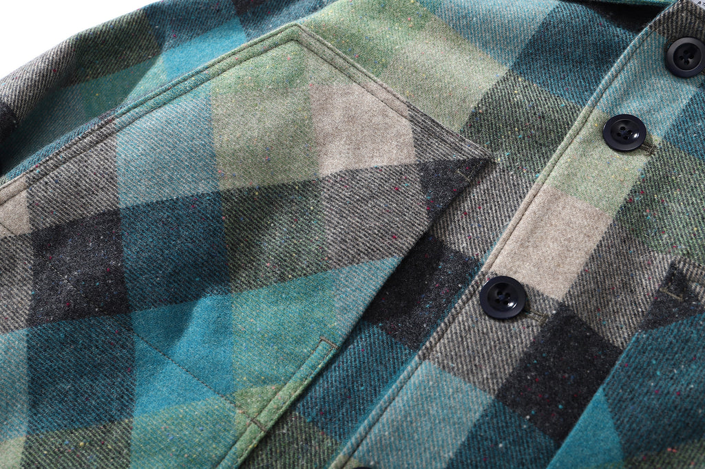 ih blue checked cotton wool jacket close up of the functional front patch pockets