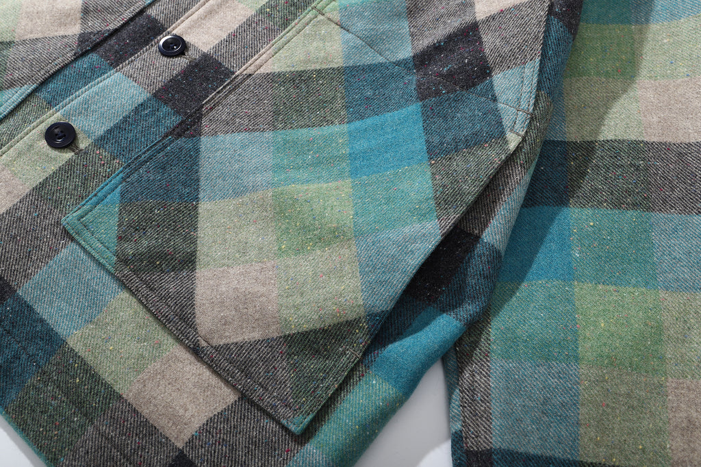 ih blue checked cotton wool jacket close up of the functional front patch pockets