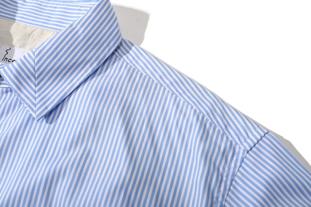 close up of mitered stripe contrast collar detail on incense harbour sky blue summer shirt