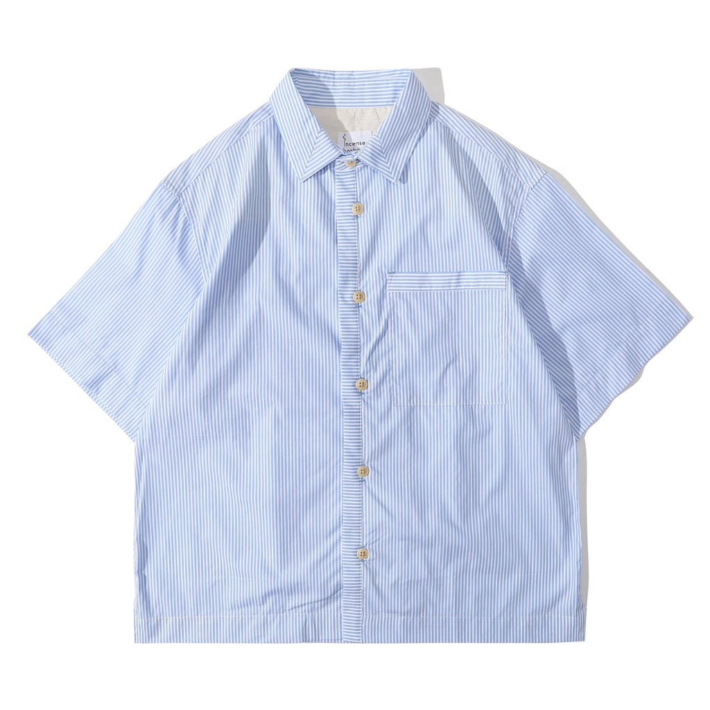 Front view of a Hong Kong made Incense Harbour sky blue mitered stripe summer shirt 