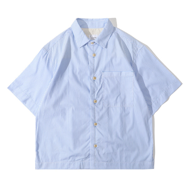 Front view of a Hong Kong made Incense Harbour sky blue mitered stripe summer shirt 