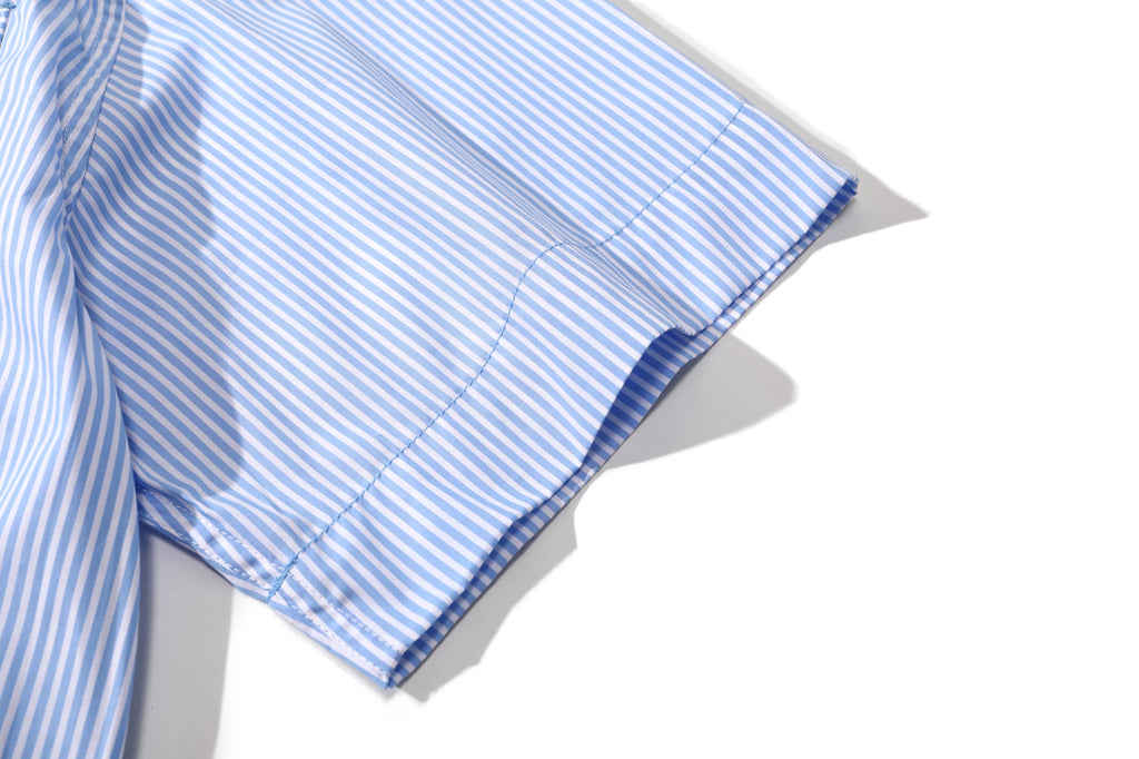 close up of sleeve hem and stitching detail on incense harbour sky blue summer shirt
