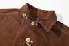 close up of front closure featuring premium corozo buttons on brown canvas jacket