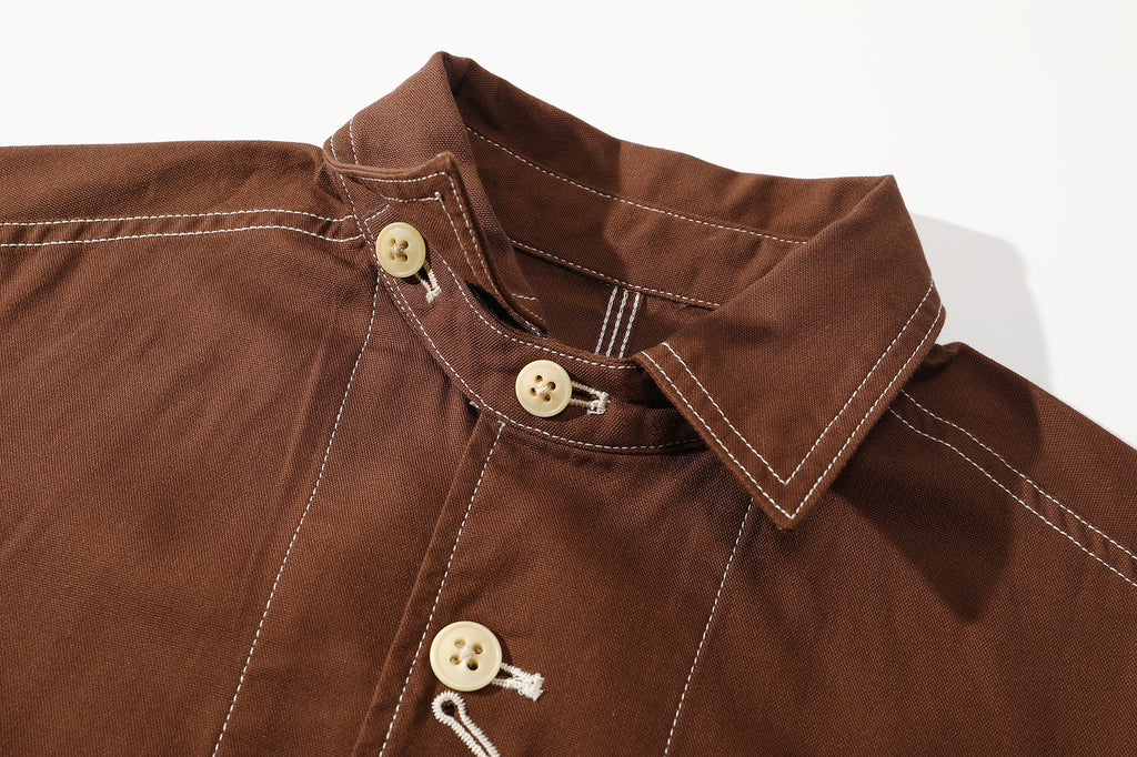 close up of front closure featuring premium corozo buttons on brown canvas jacket