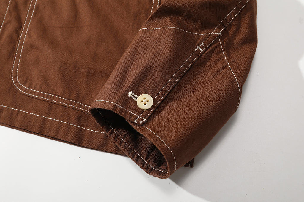 close up of special shaped sleeve cuffs design on cotton canvas work jacket