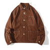 Front view of a Hong Kong made brown cotton canvas construction jacket front view