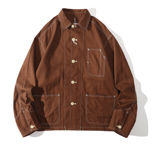 Front view of a Hong Kong made brown cotton canvas construction jacket front view
