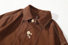 close up of vintage style chin strap and collar with contrast stitching on brown jacket
