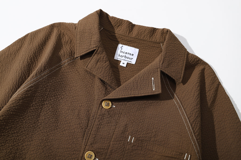ih brown seersucker raglan chore shirt classic shirt collar and front placket details