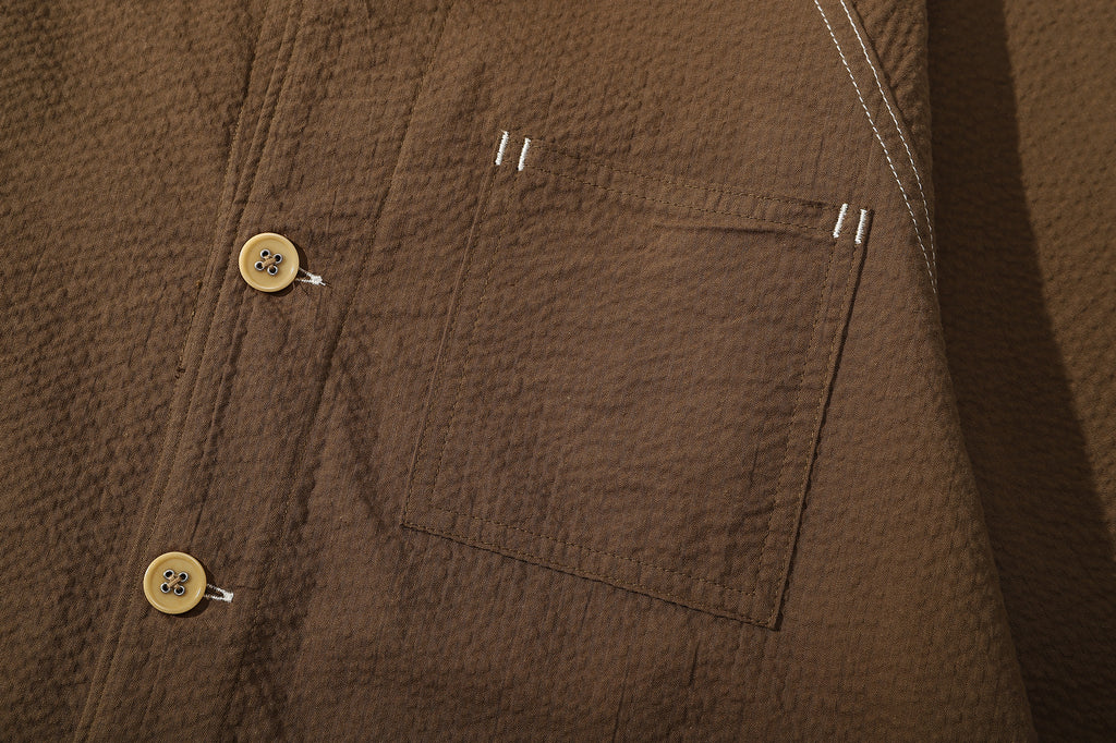ih brown seersucker raglan chore shirt functional front chore patch pockets detail