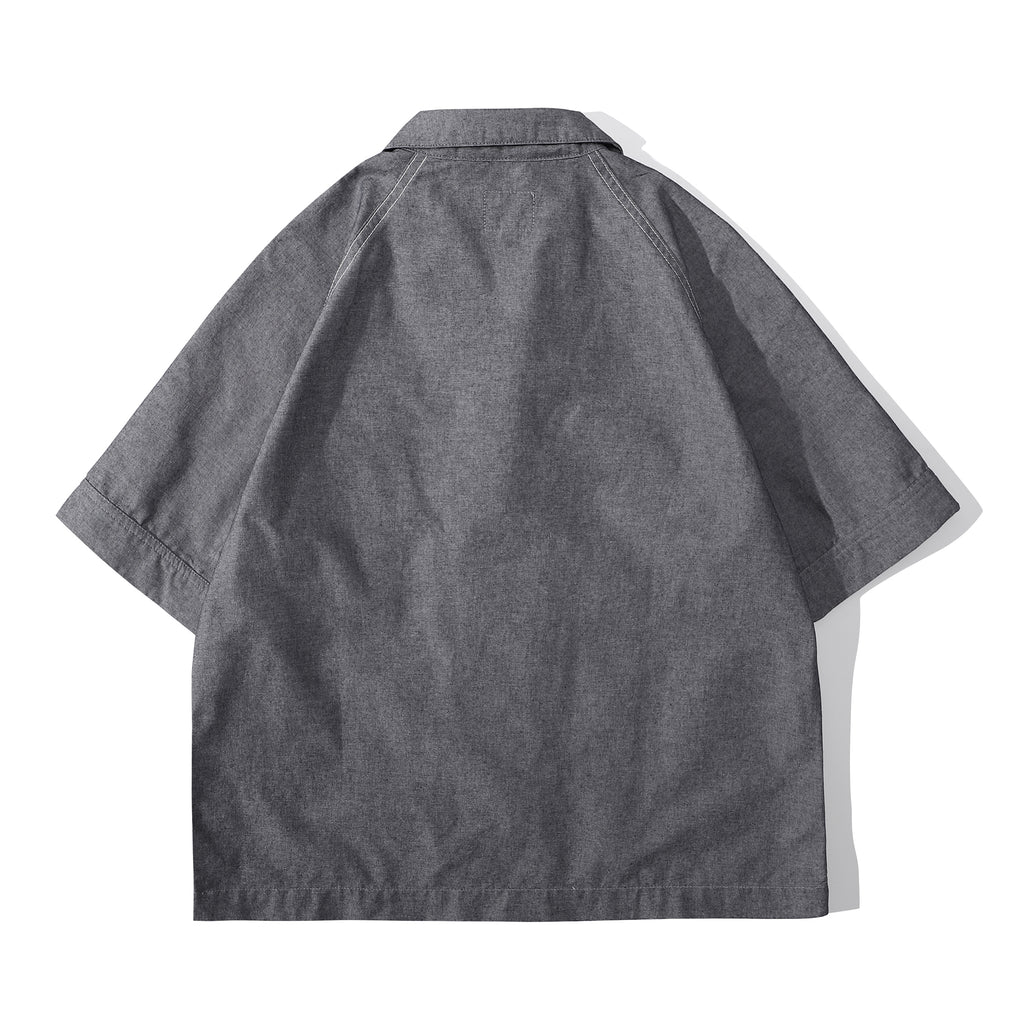 ih chambray blue relaxed fit summer raglan chore shirt full back view