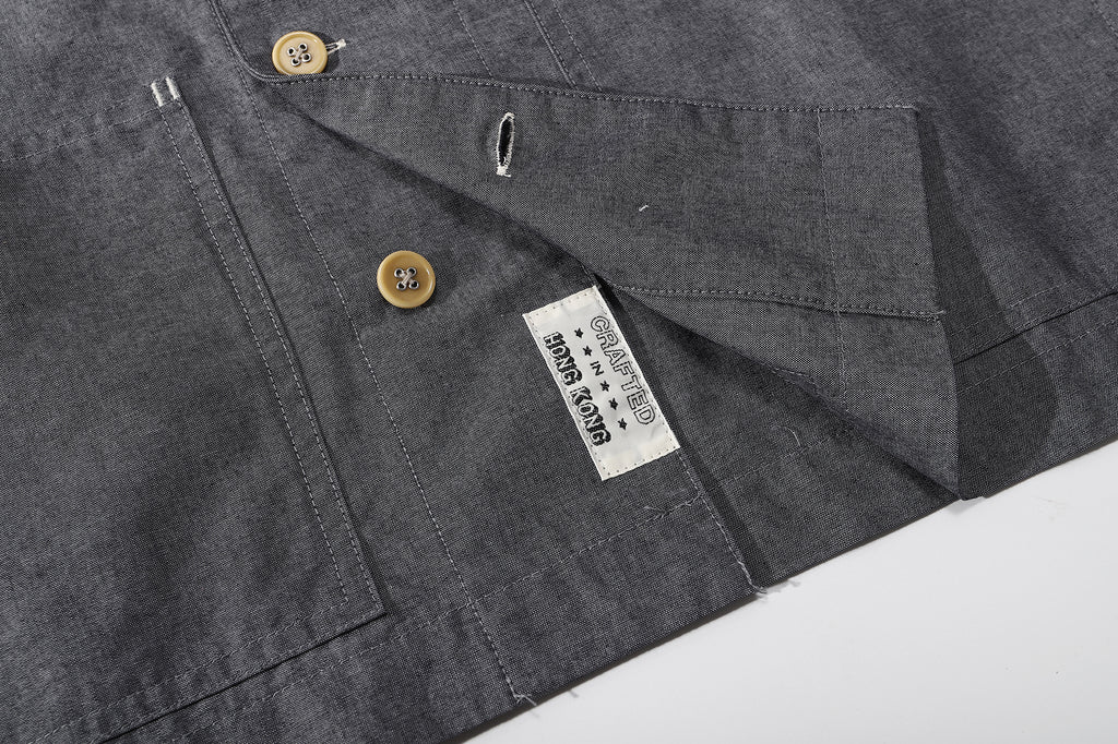 ih chambray blue raglan chore shirt straight bottom hem and brand woven label detail