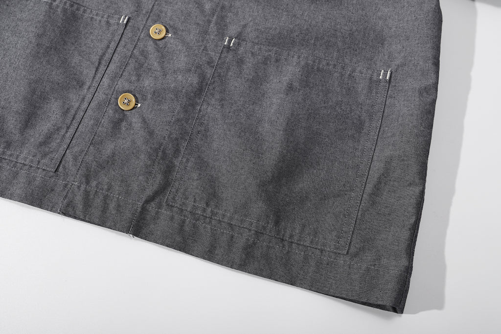 ih chambray blue raglan chore shirt close up of functional lower front patch pocket