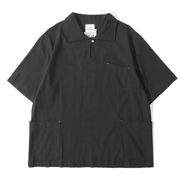 Front view of a Hong Kong made ih relaxed fit bird claw sailor over shirt in charcoal