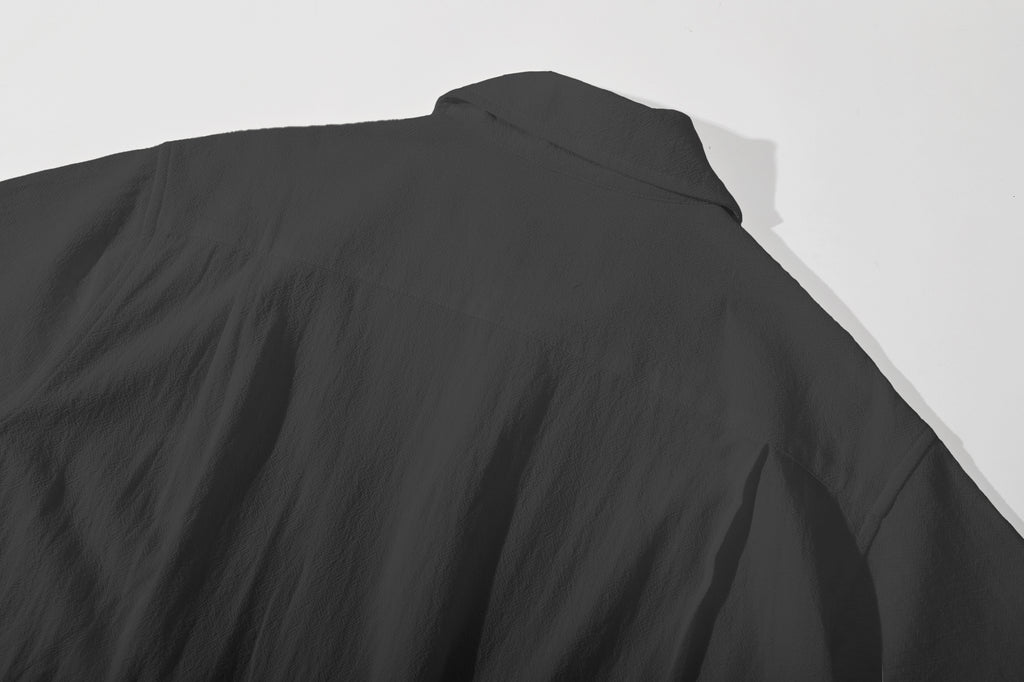 ih charcoal summer shirt close up of the back collar and neckline construction