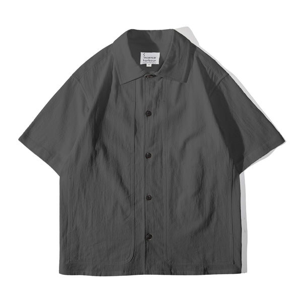 Front view of a Hong Kong made ih relaxed fit boxy cut summer shirt in charcoal bird claw cotton