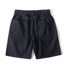 close up of metal buckle adjusting strap on back of waistband on incense harbour denim shorts