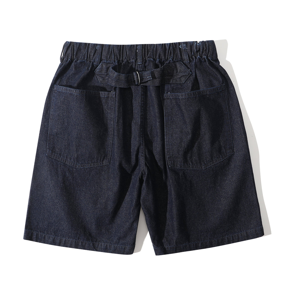 close up of metal buckle adjusting strap on back of waistband on incense harbour denim shorts