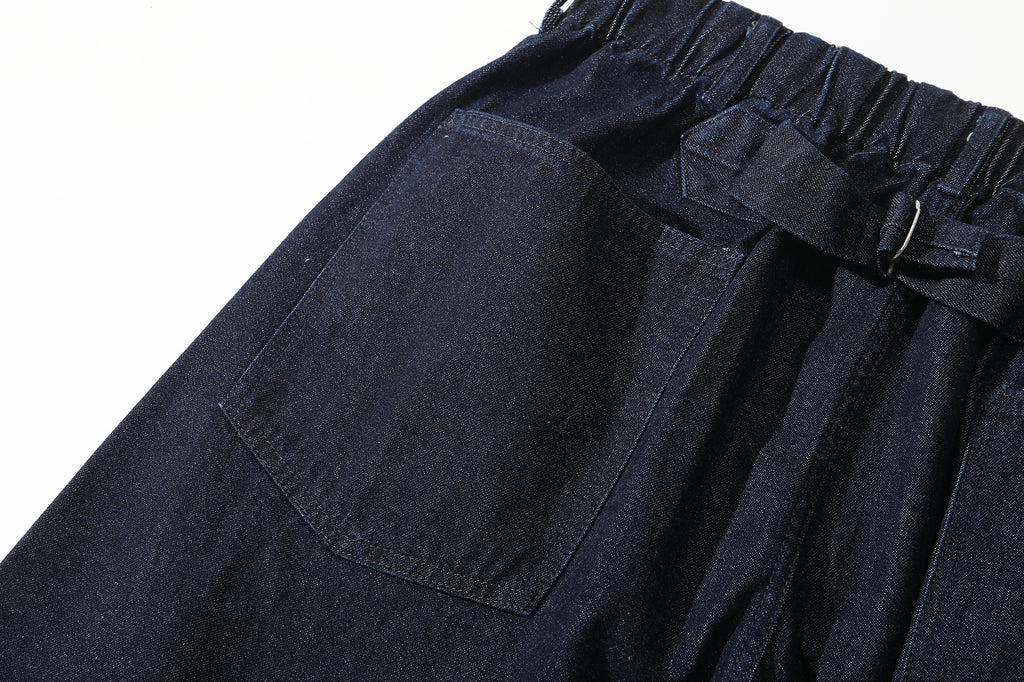 close up of premium japanese cotton denim fabric texture on incense harbour shorts