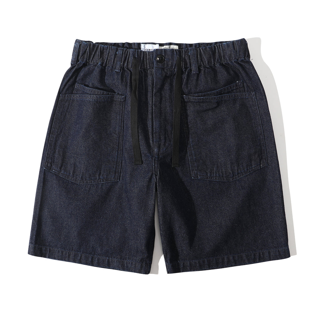 Front view of a Hong Kong made incense harbour denim buckle shorts front view