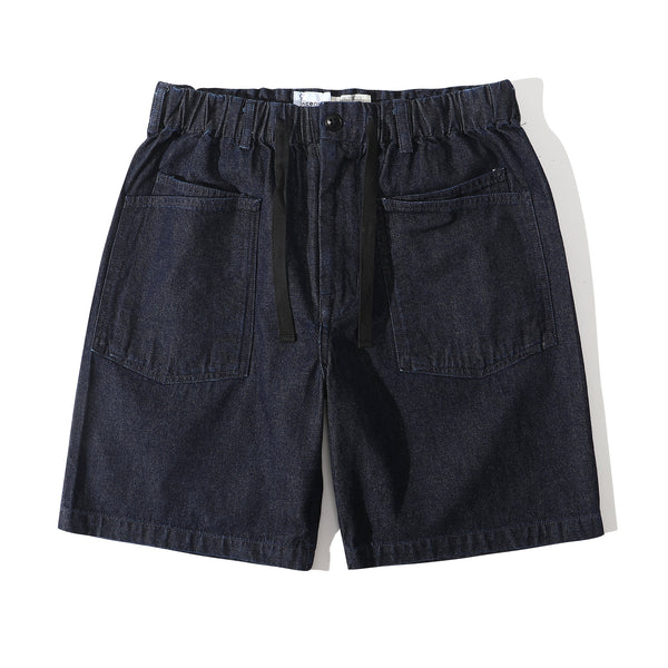 Front view of a Hong Kong made incense harbour denim buckle shorts front view
