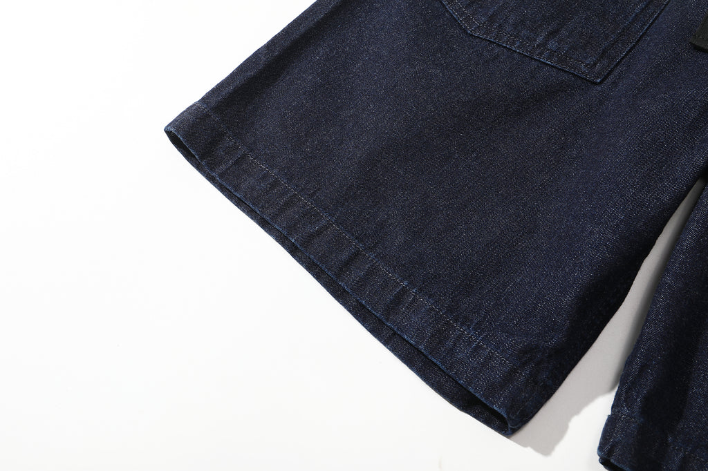 close up of shorts leg hem and clean stitching detail on incense harbour denim shorts