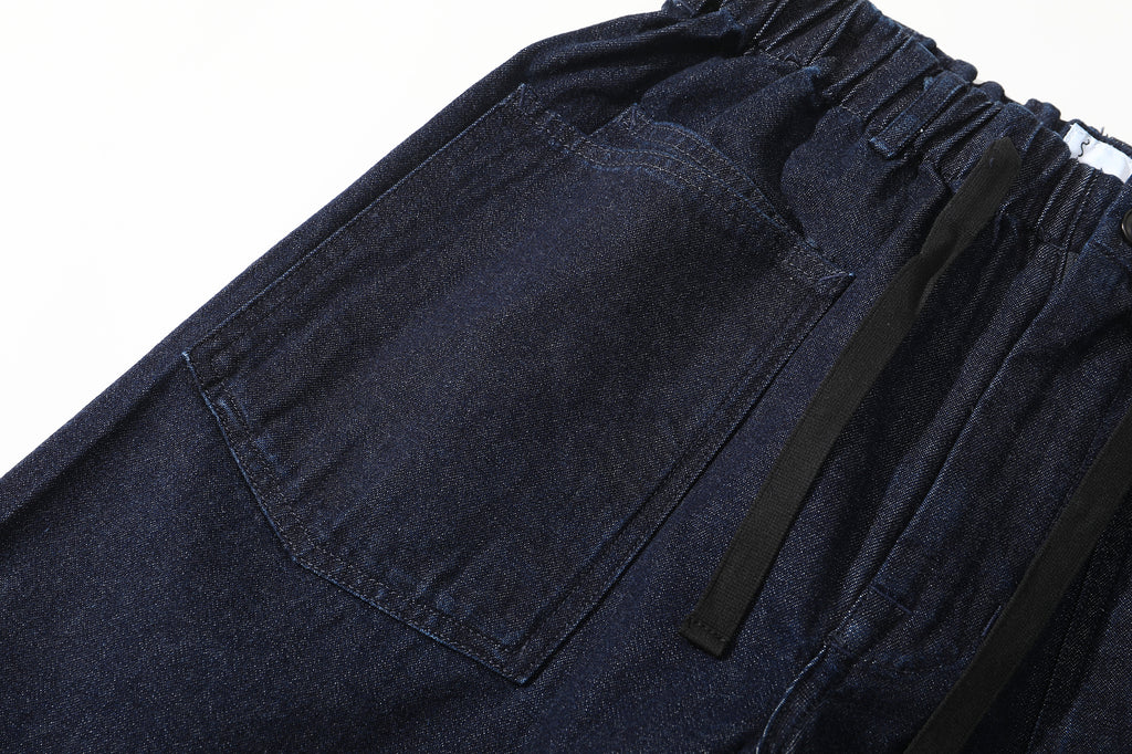 close up of front pocket and stitching detail on incense harbour denim shorts