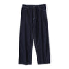 Front view of a Hong Kong made ih relaxed fit cotton denim wide pants in blue