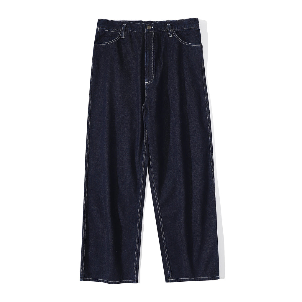 Front view of a Hong Kong made ih relaxed fit cotton denim wide pants in blue