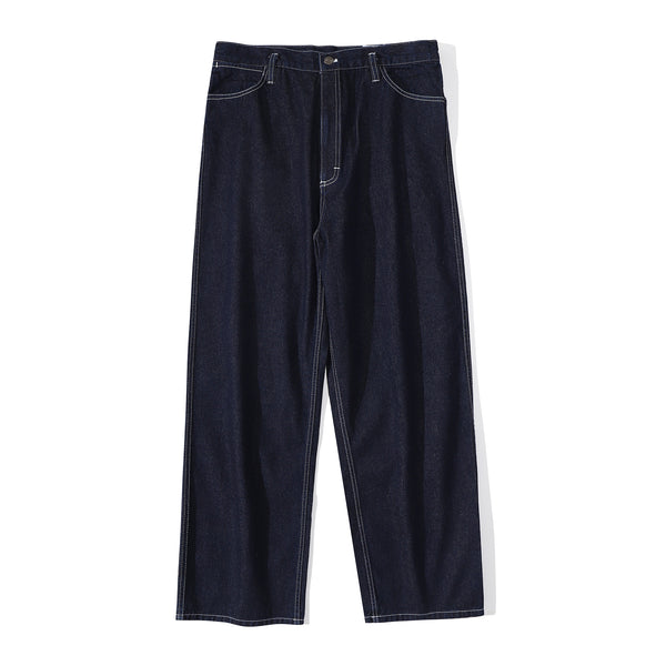 Front view of a Hong Kong made ih relaxed fit cotton denim wide pants in blue