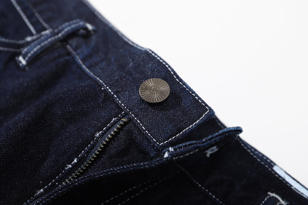 ih denim blue front zipper fly and clean seam construction