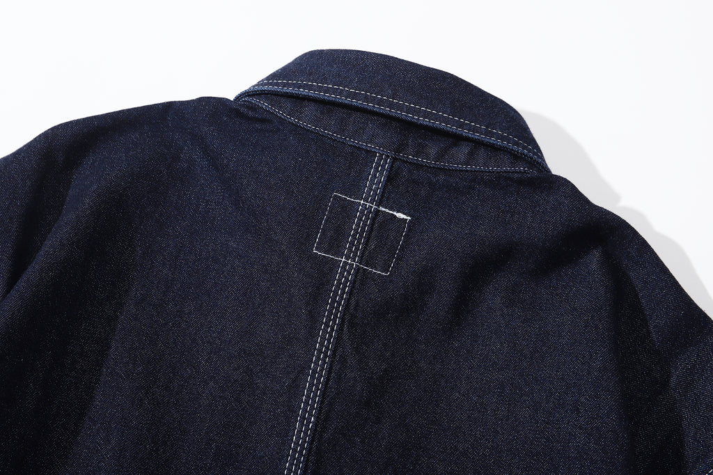 ih denim japanese cotton workwear jacket back collar and seam stitch detail