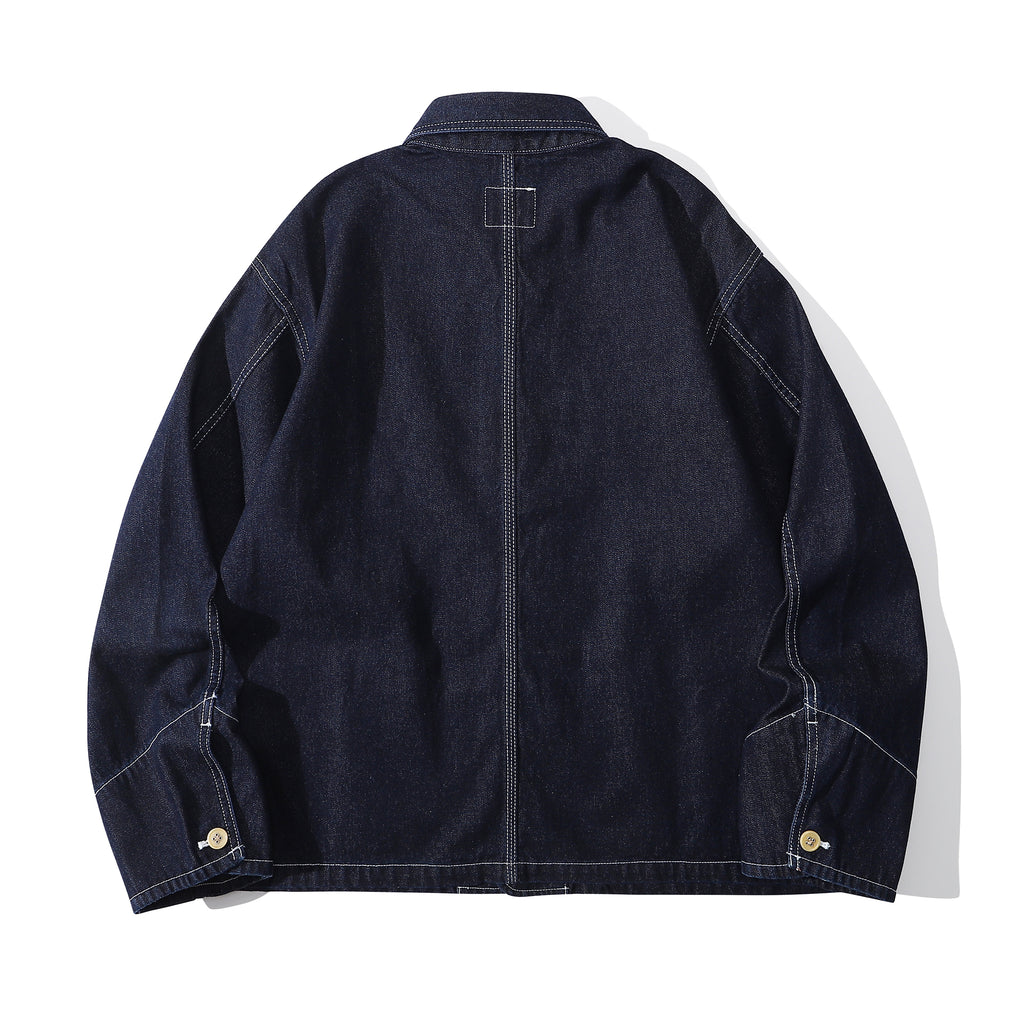 ih denim japanese cotton workwear jacket full back view showing contrast color stitching details