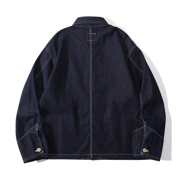 ih denim japanese cotton workwear jacket full back view showing contrast color stitching details
