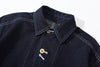 ih denim japanese cotton workwear jacket close up of the vintage style chin strap and collar