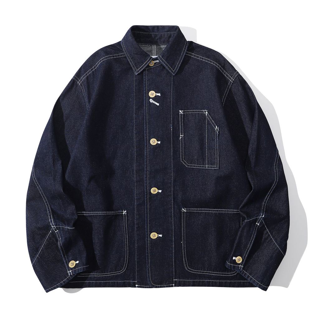 Front view of a Hong Kong made ih relaxed fit denim workwear jacket in premium japanese cotton denim